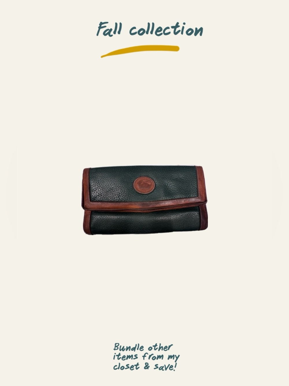 Women's Pebbled Leather Fold-Over Wallet Clutch in Dark Green and Brown